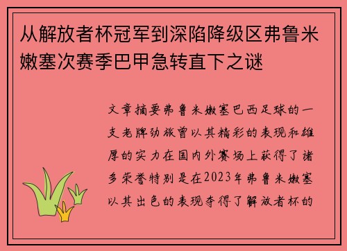 从解放者杯冠军到深陷降级区弗鲁米嫩塞次赛季巴甲急转直下之谜