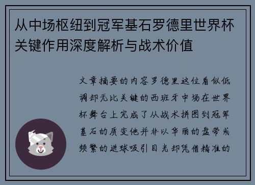 从中场枢纽到冠军基石罗德里世界杯关键作用深度解析与战术价值